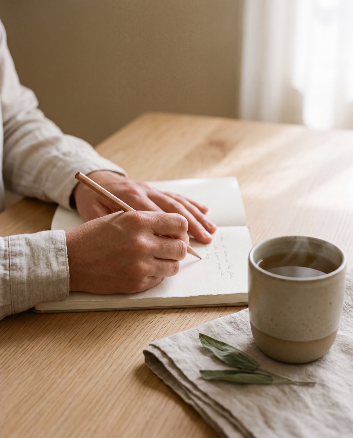 Manos escribiendo en una libreta junto a una taza de té