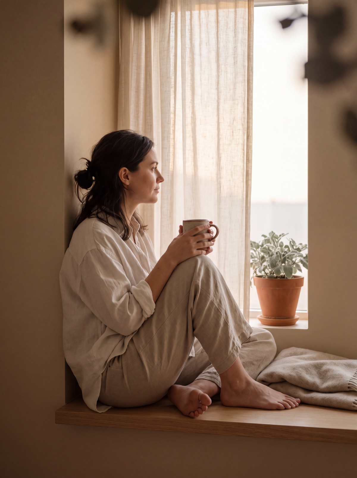 Mujer sentada sola junto a la ventana con una taza entre las manos, en calma